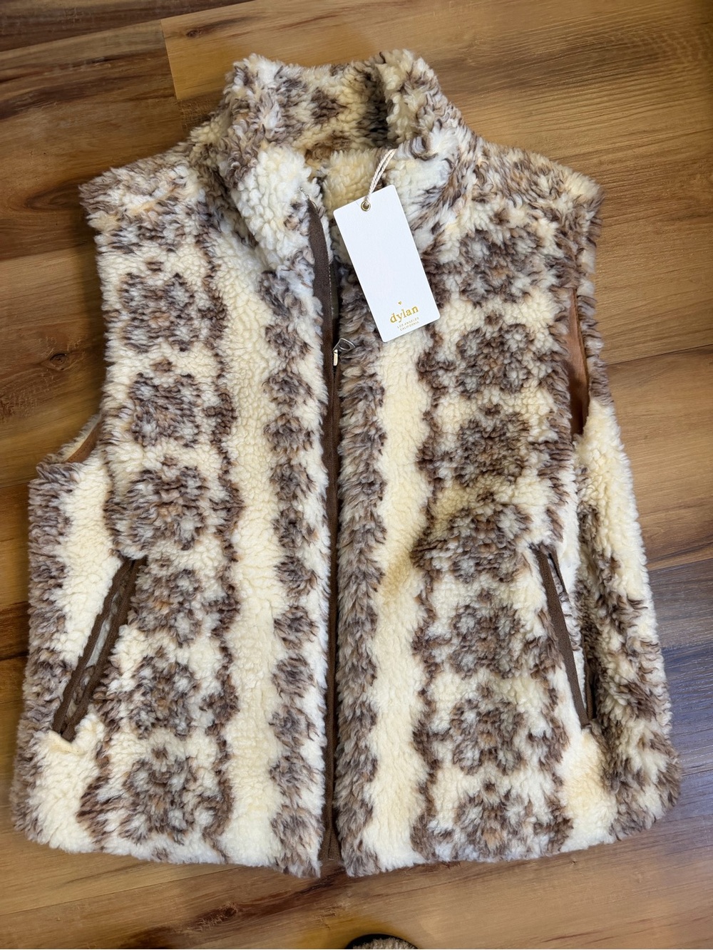 dylan Cream & Brown Faux Shearling Zip-Up Vest